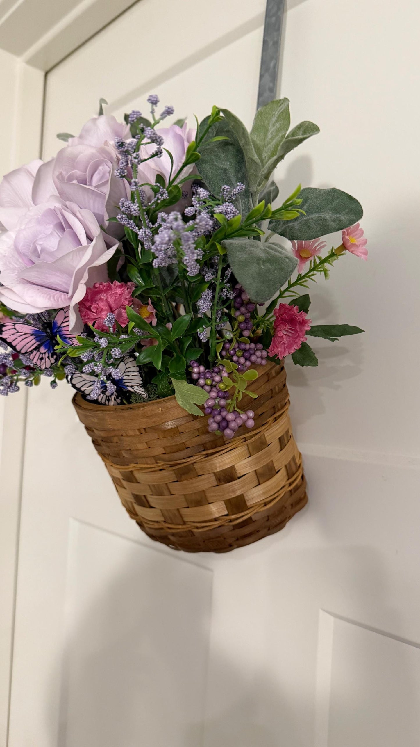 Handmade Lavender Rose & Butterfly Silk Floral Hanging Basket — Spring Door Décor