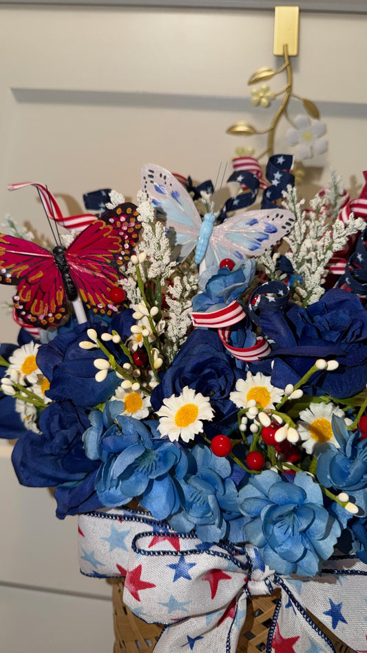 Patriotic Wall Pocket Hanging Basket | Red White & Blue Floral with Butterflies | Americana Door Decor