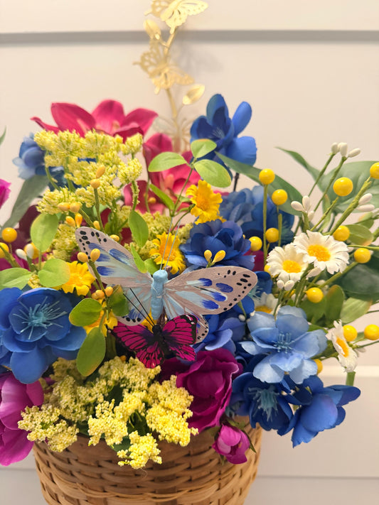 Wildflower Door Basket Arrangement | Blue Magenta Yellow Silk Flowers | Spring Summer Wreath Alternative | Hanging Wall Basket | Handmade