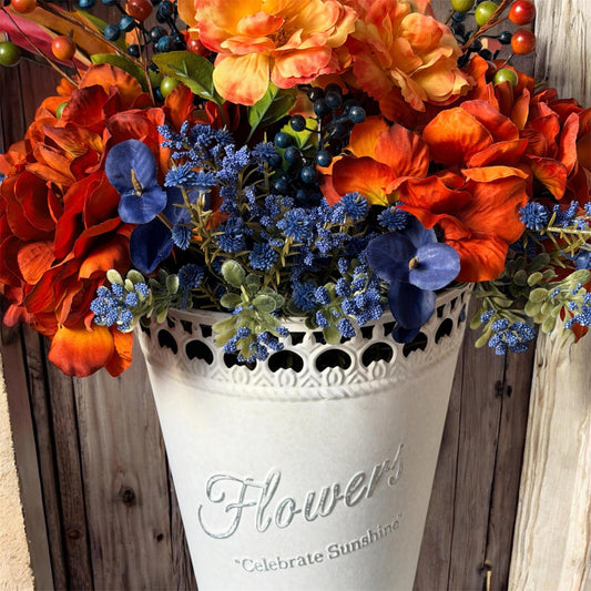 Handmade Fall Floral Arrangement | Burnt Orange, Navy Blue Farmhouse Tin Bucket