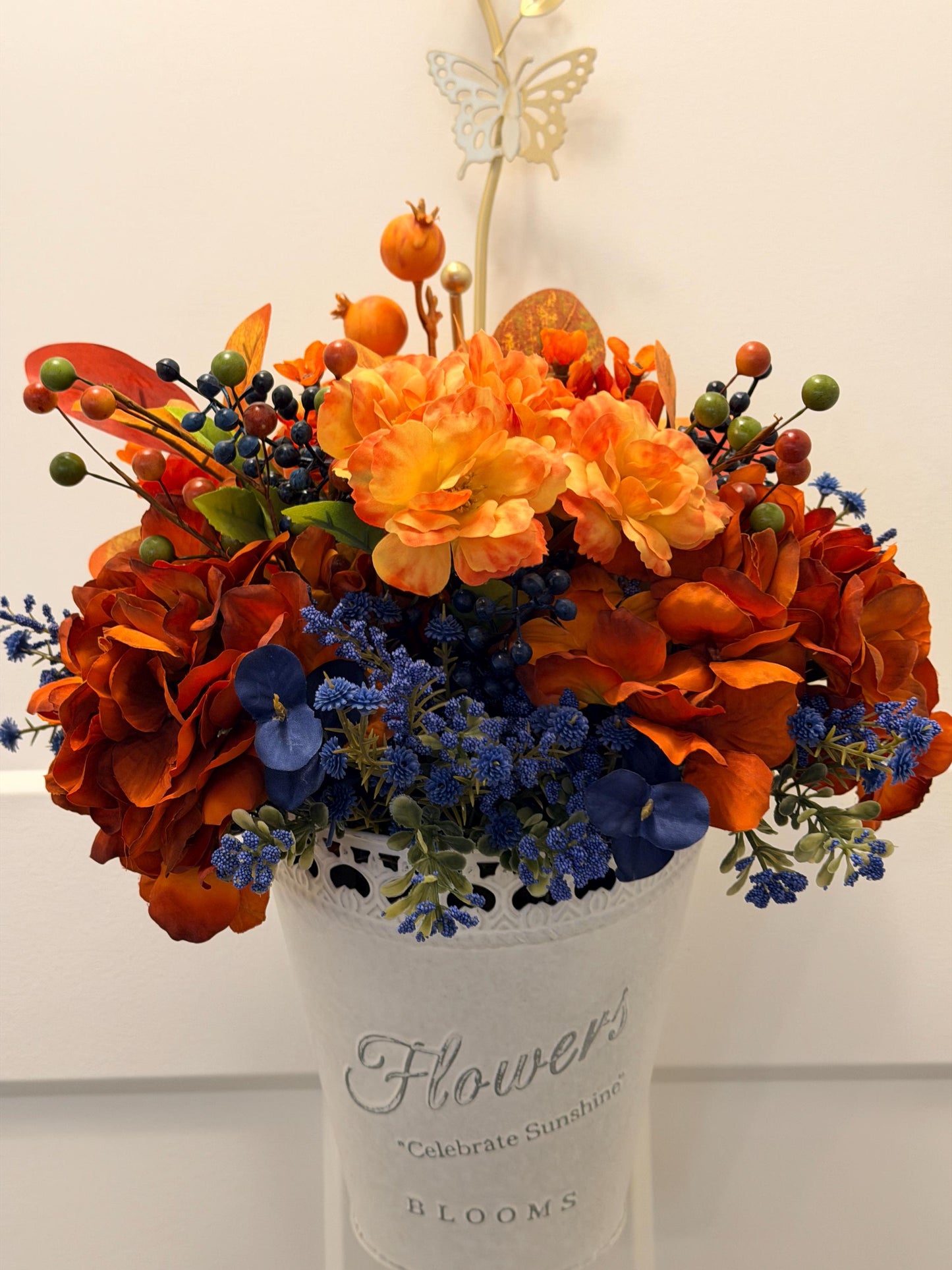 Handmade Fall Floral Arrangement | Burnt Orange, Navy Blue Farmhouse Tin Bucket