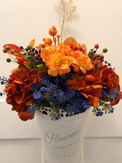 Handmade Fall Floral Arrangement | Burnt Orange, Navy Blue Farmhouse Tin Bucket
