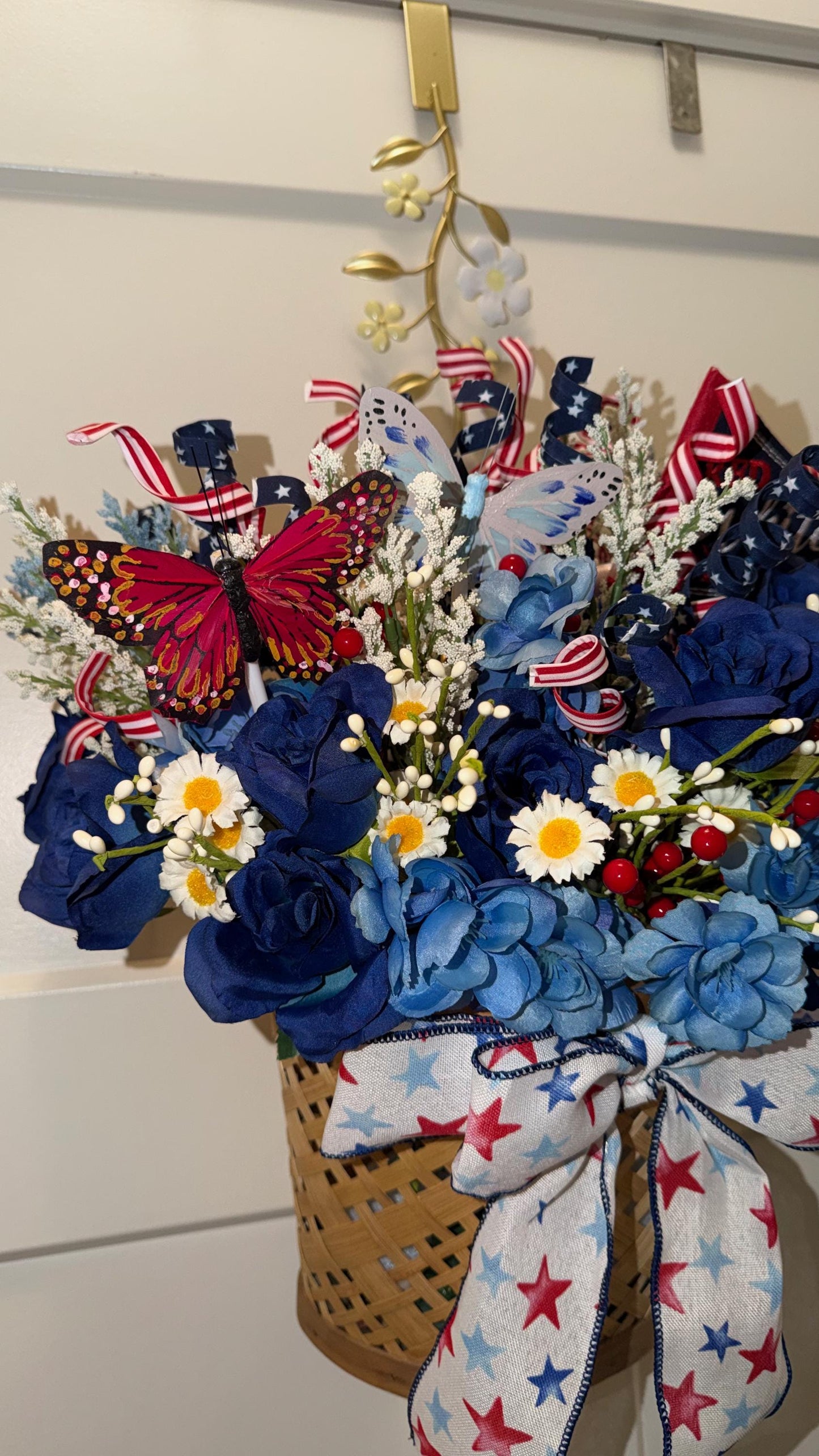 Patriotic Wall Pocket Hanging Basket | Red White & Blue Floral with Butterflies | Americana Door Decor