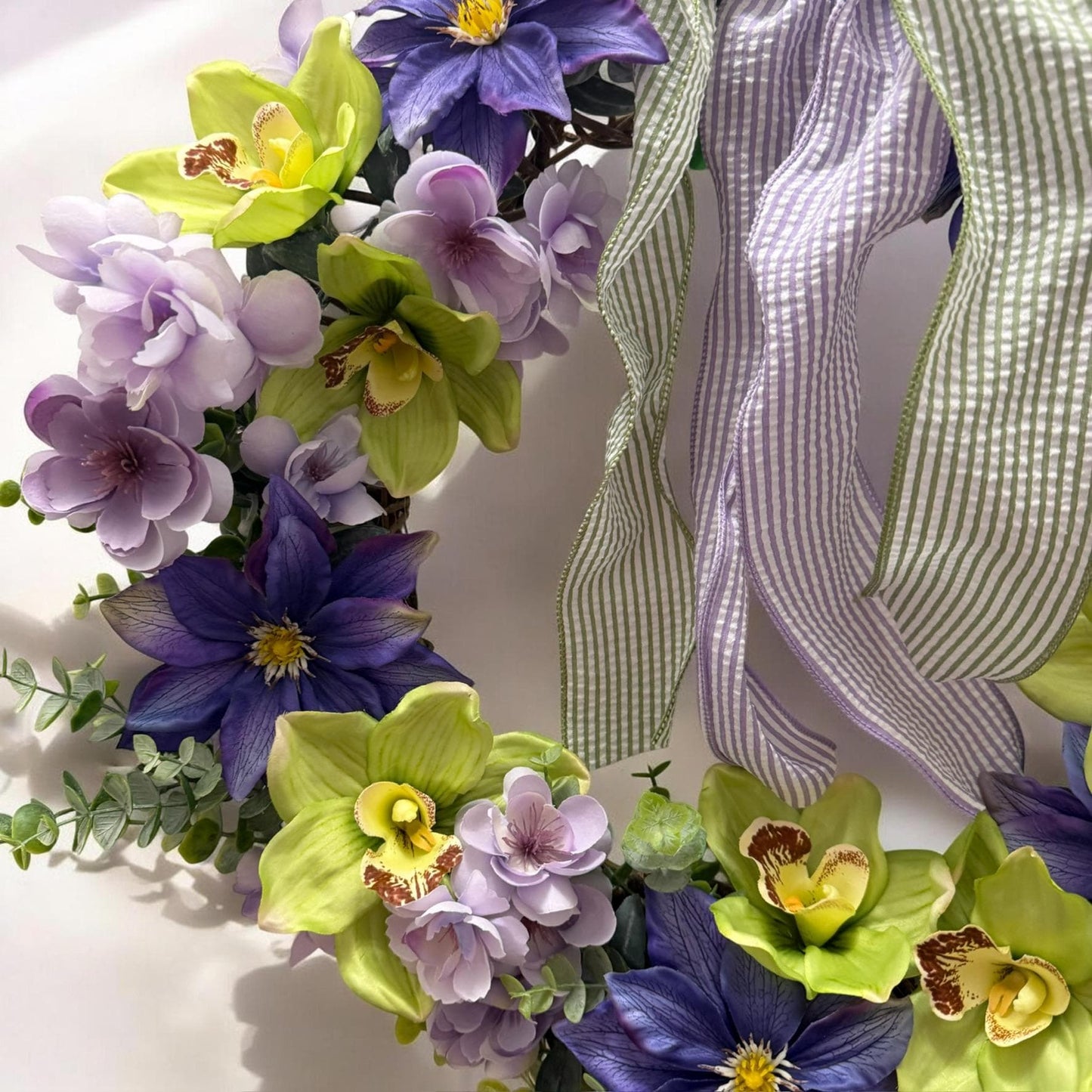 Purple, Lavender & Green Orchid Wreath with Butterfly Accent — 17"