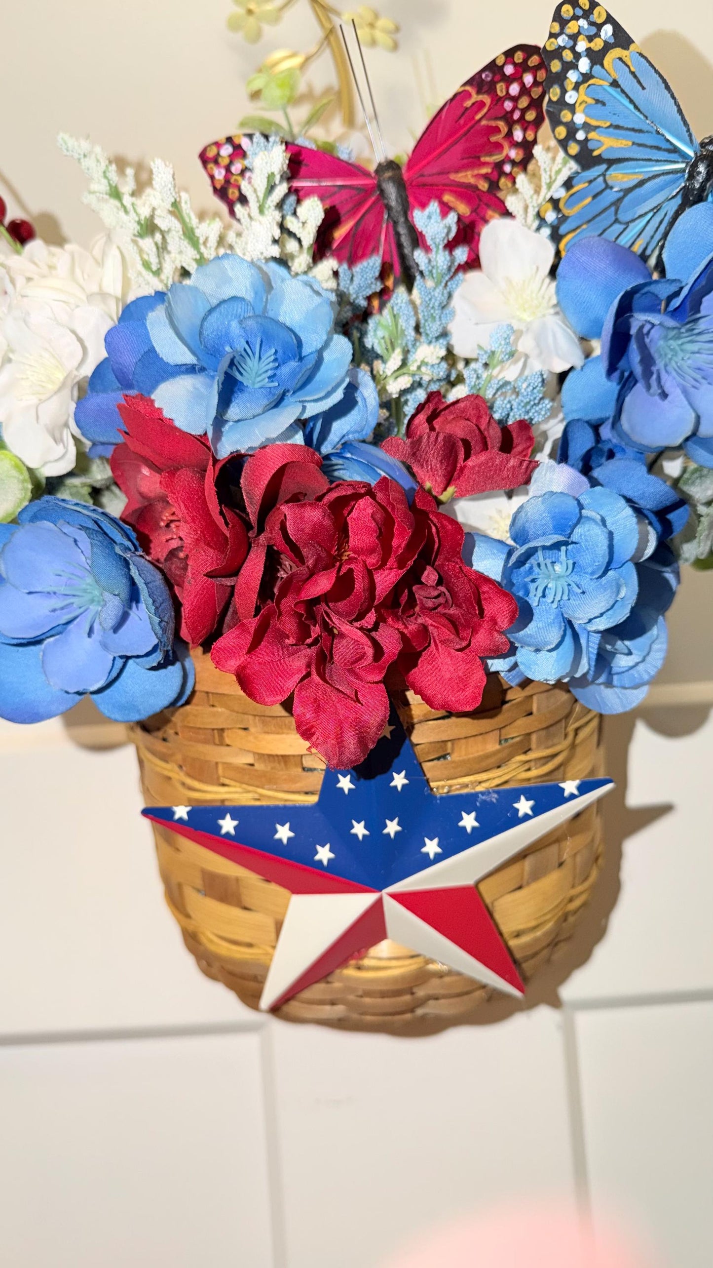 Patriotic Floral Door Decor Arrangement | Red White Blue Butterflies, Barn Star Basket