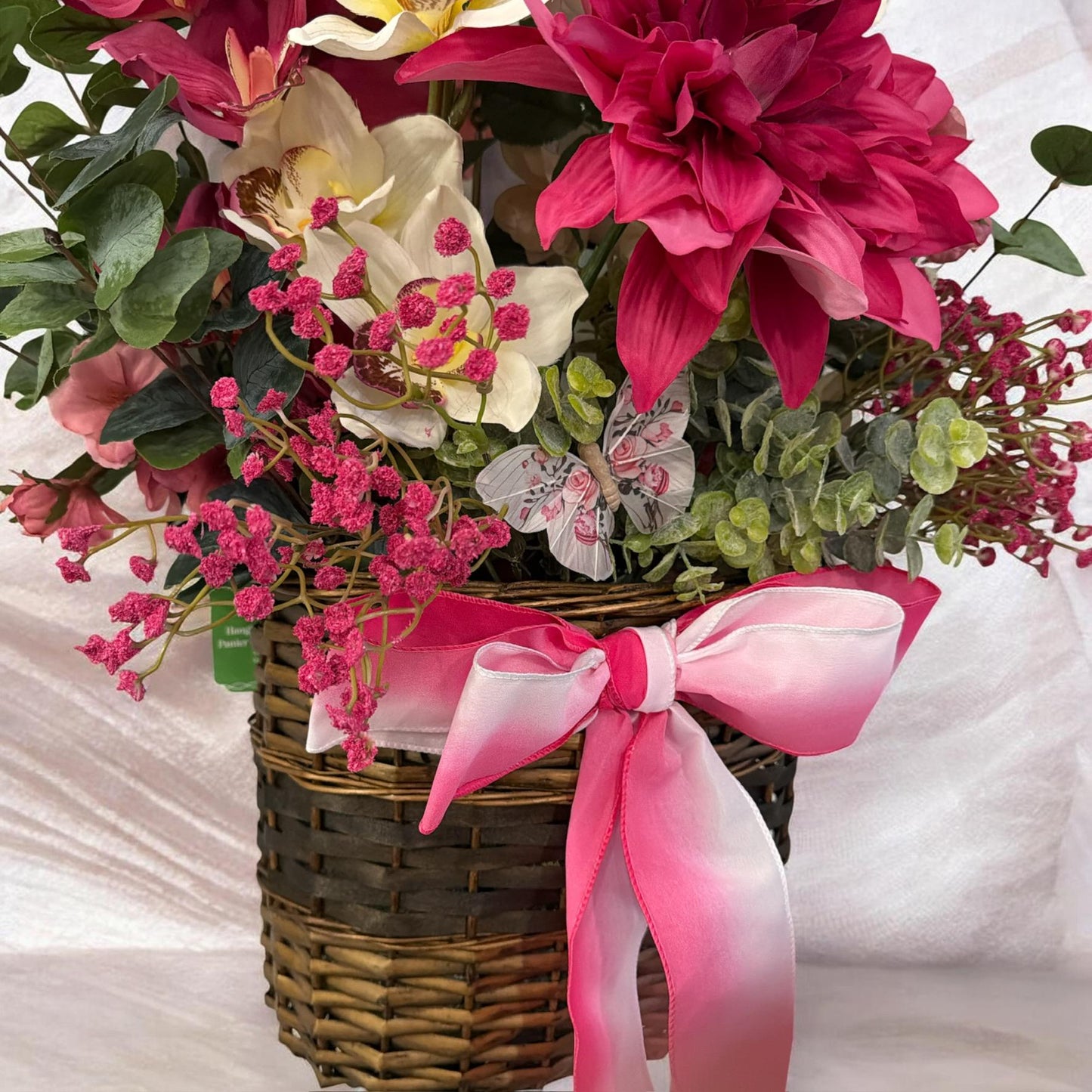 Handmade Magenta Dahlia & Orchid Silk Floral Hanging Basket — Front Door Décor