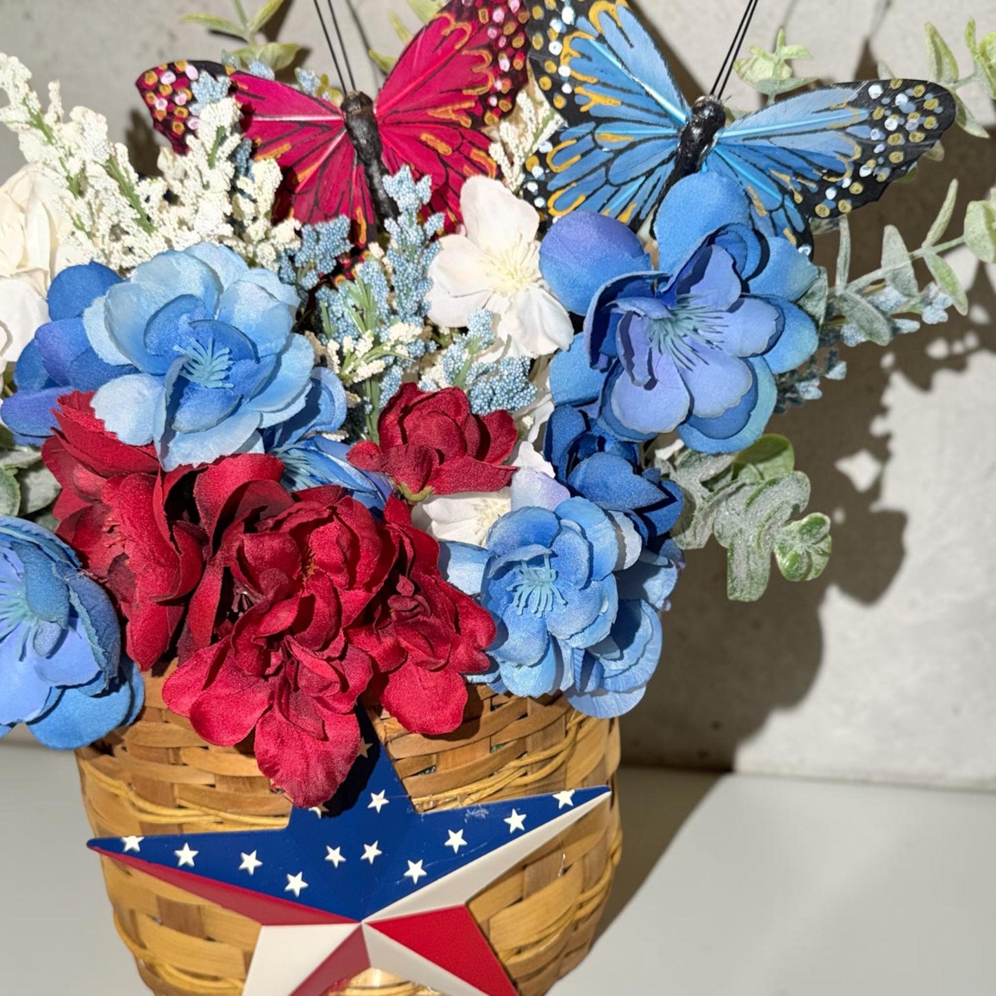 Patriotic Floral Door Decor Arrangement | Red White Blue Butterflies, Barn Star Basket
