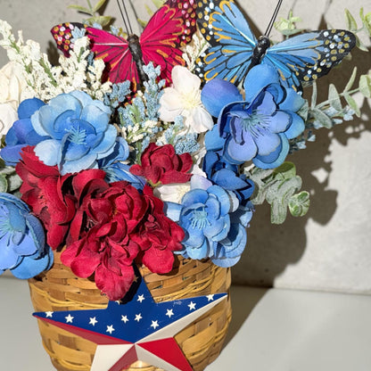 Patriotic Floral Door Decor Arrangement | Red White Blue Butterflies, Barn Star Basket