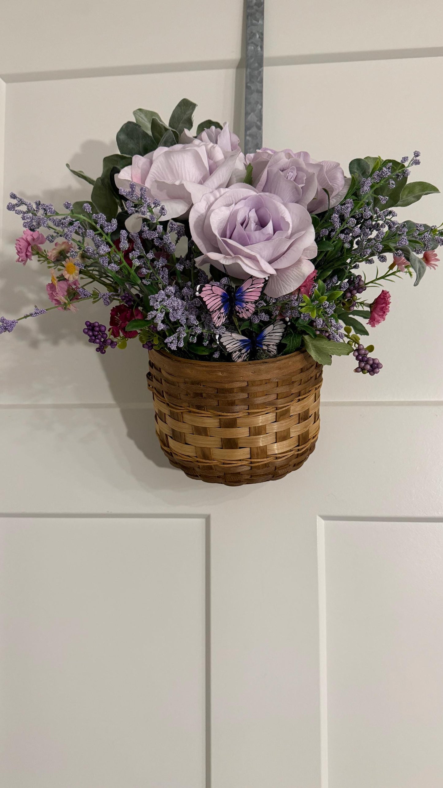 Handmade Lavender Rose & Butterfly Silk Floral Hanging Basket — Spring Door Décor