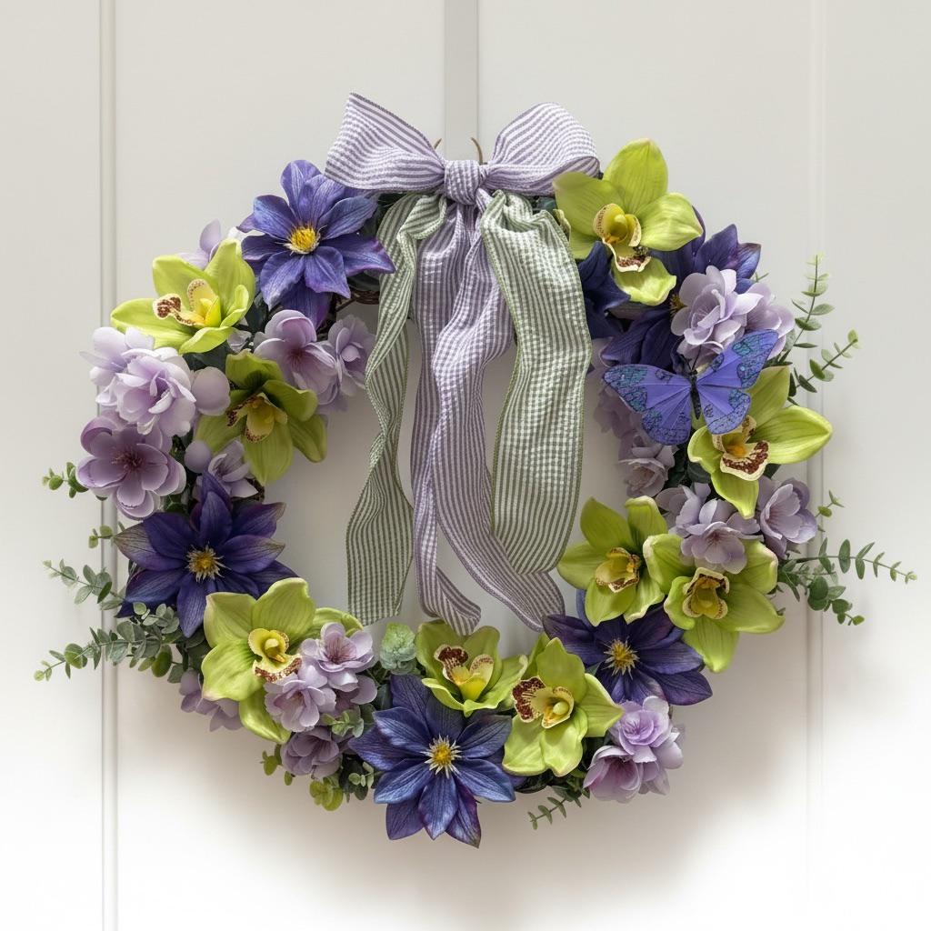 Purple, Lavender & Green Orchid Wreath with Butterfly Accent — 17"