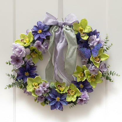 Purple, Lavender & Green Orchid Wreath with Butterfly Accent — 17"