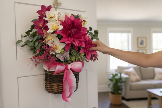 Handmade Magenta Dahlia & Orchid Silk Floral Hanging Basket — Front Door Décor