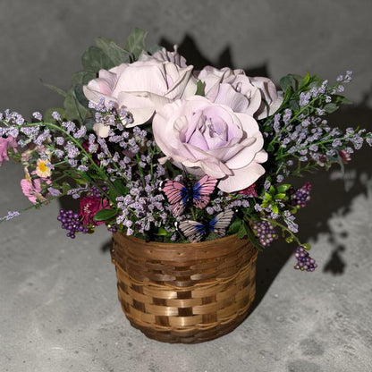 Handmade Lavender Rose & Butterfly Silk Floral Hanging Basket — Spring Door Décor