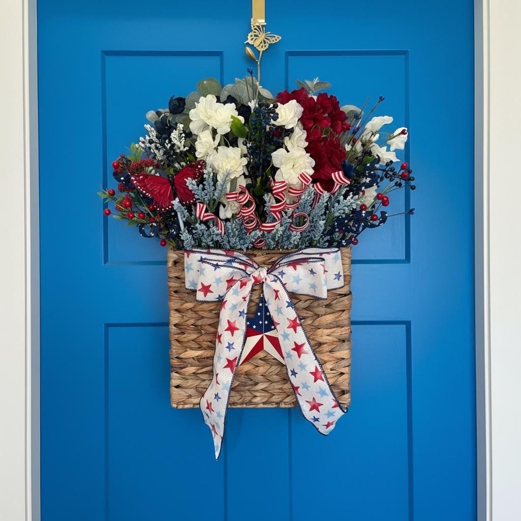 Handmade Patriotic Door Basket Wreath: Red White Blue Silk Floral Arrangement Americana Decor