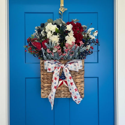 Handmade Patriotic Door Basket Wreath: Red White Blue Silk Floral Arrangement Americana Decor