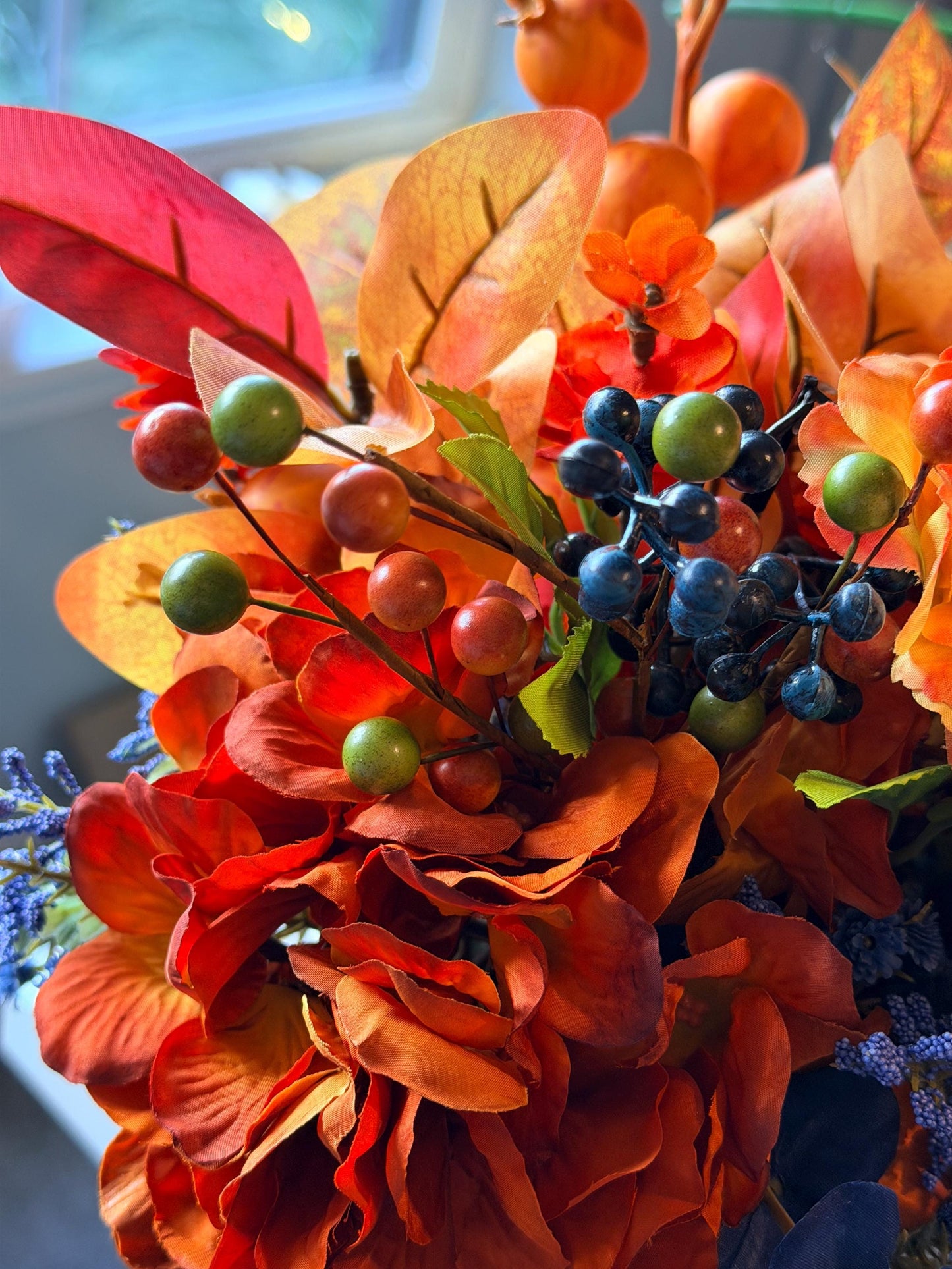Handmade Fall Floral Arrangement | Burnt Orange, Navy Blue Farmhouse Tin Bucket