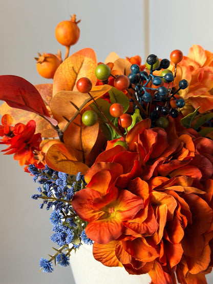 Handmade Fall Floral Arrangement | Burnt Orange, Navy Blue Farmhouse Tin Bucket