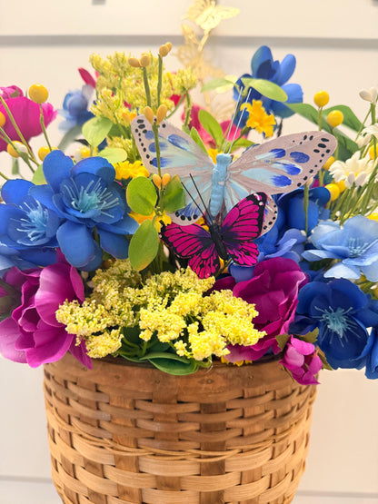 Wildflower Door Basket Arrangement | Blue Magenta Yellow Silk Flowers | Spring Summer Wreath Alternative | Hanging Wall Basket | Handmade