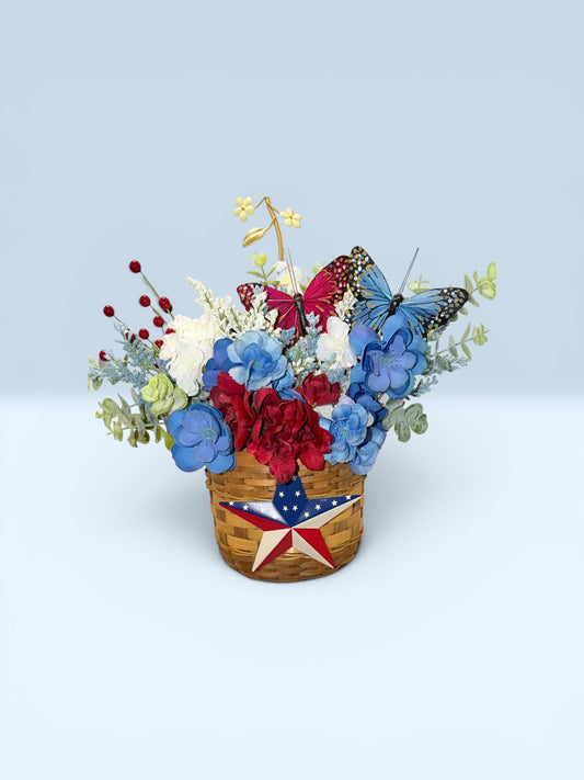 Patriotic Floral Door Decor Arrangement | Red White Blue Butterflies, Barn Star Basket
