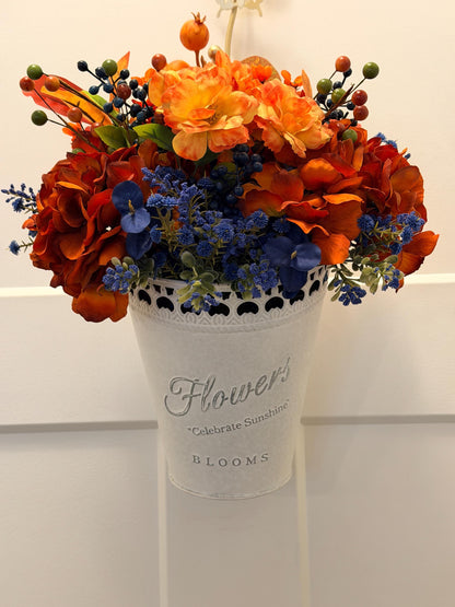 Handmade Fall Floral Arrangement | Burnt Orange, Navy Blue Farmhouse Tin Bucket