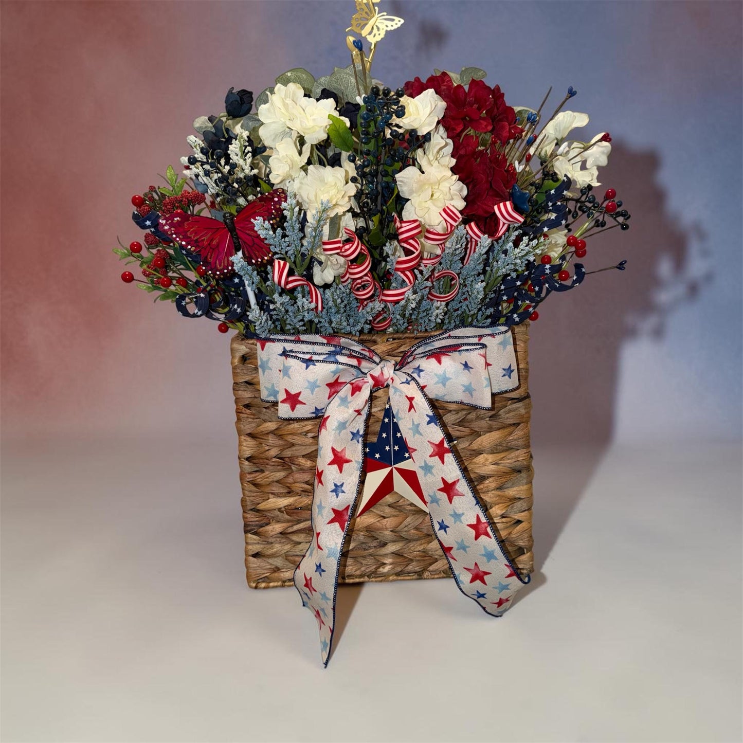 Handmade Patriotic Door Basket Wreath: Red White Blue Silk Floral Arrangement Americana Decor