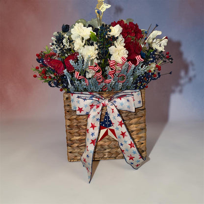 Handmade Patriotic Door Basket Wreath: Red White Blue Silk Floral Arrangement Americana Decor