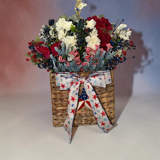 Handmade Patriotic Door Basket Wreath: Red White Blue Silk Floral Arrangement Americana Decor