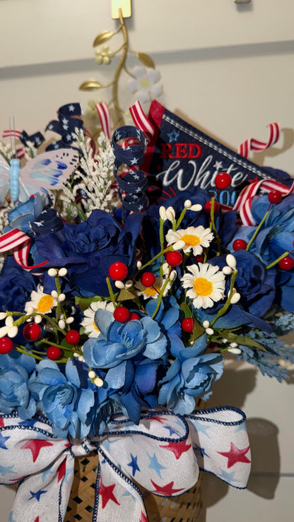 Patriotic Wall Pocket Hanging Basket | Red White & Blue Floral with Butterflies | Americana Door Decor