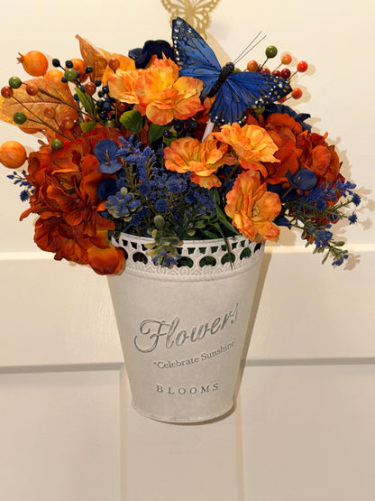 Handmade Fall Floral Arrangement | Burnt Orange, Navy Blue Farmhouse Tin Bucket