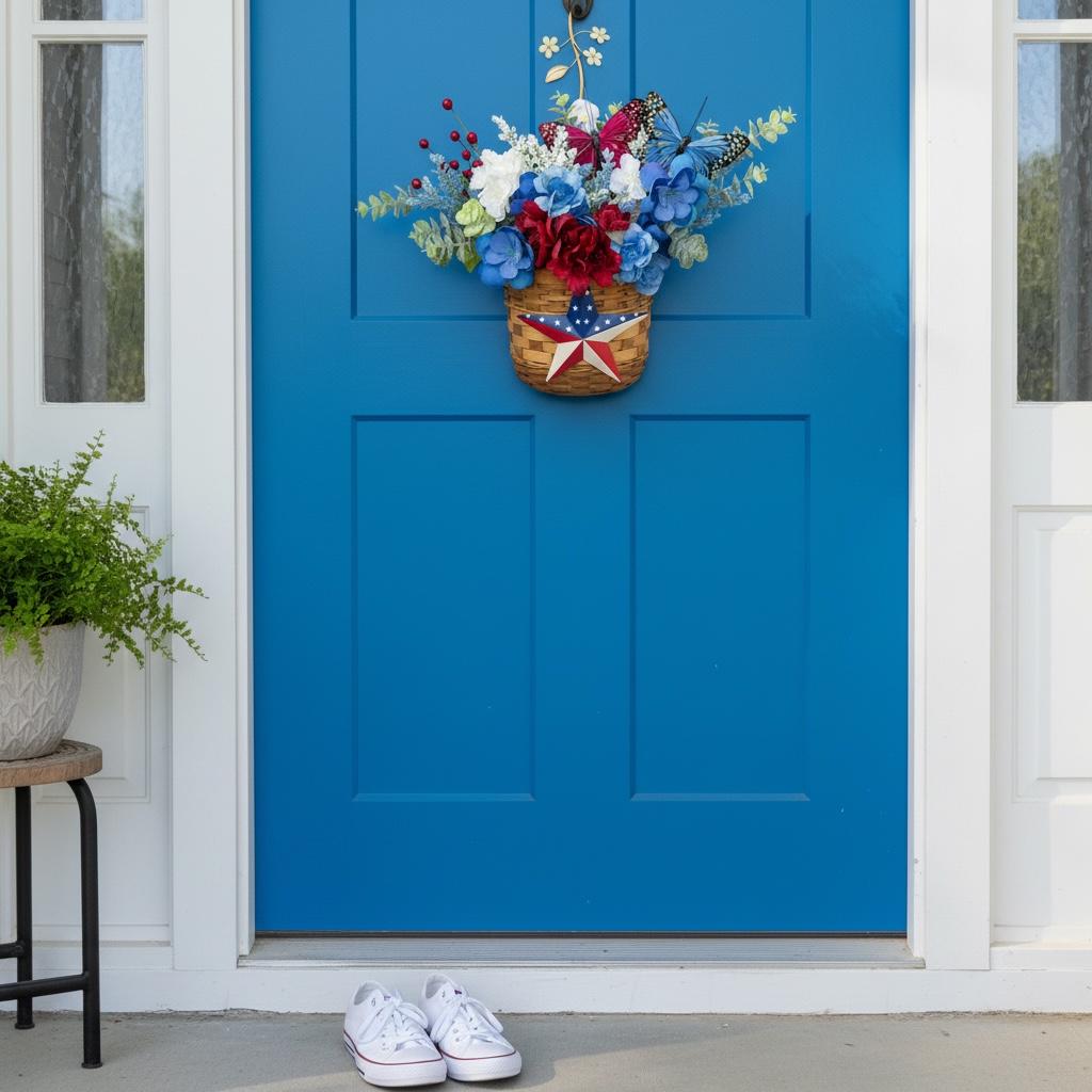 Patriotic Floral Door Decor Arrangement | Red White Blue Butterflies, Barn Star Basket