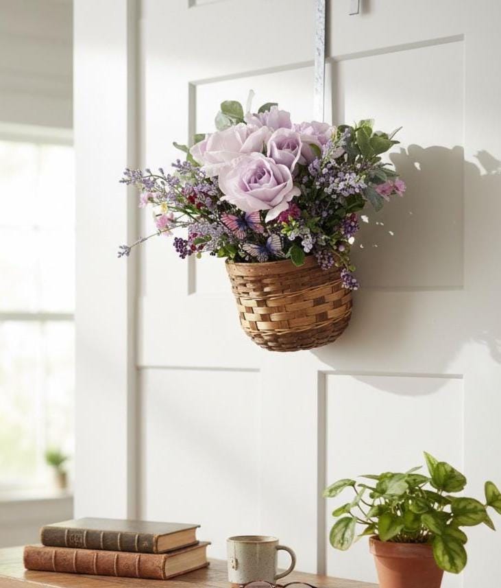 Handmade Lavender Rose & Butterfly Silk Floral Hanging Basket — Spring Door Décor