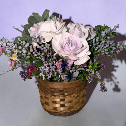 Handmade Lavender Rose & Butterfly Silk Floral Hanging Basket — Spring Door Décor