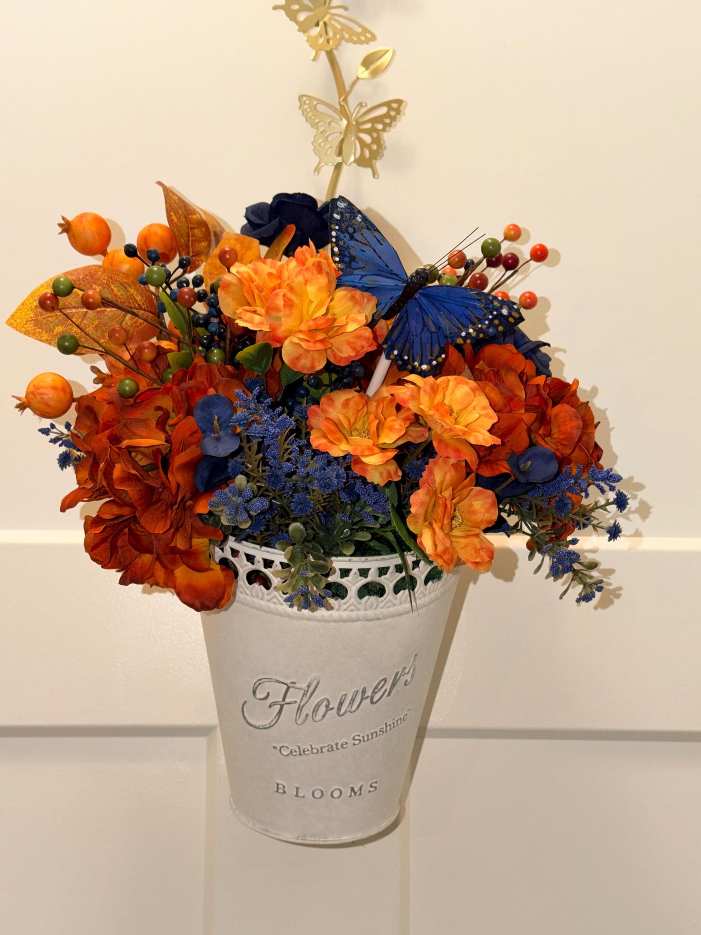 Handmade Fall Floral Arrangement | Burnt Orange, Navy Blue Farmhouse Tin Bucket