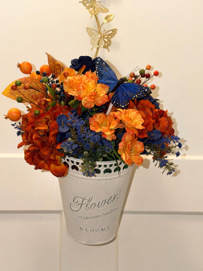 Handmade Fall Floral Arrangement | Burnt Orange, Navy Blue Farmhouse Tin Bucket