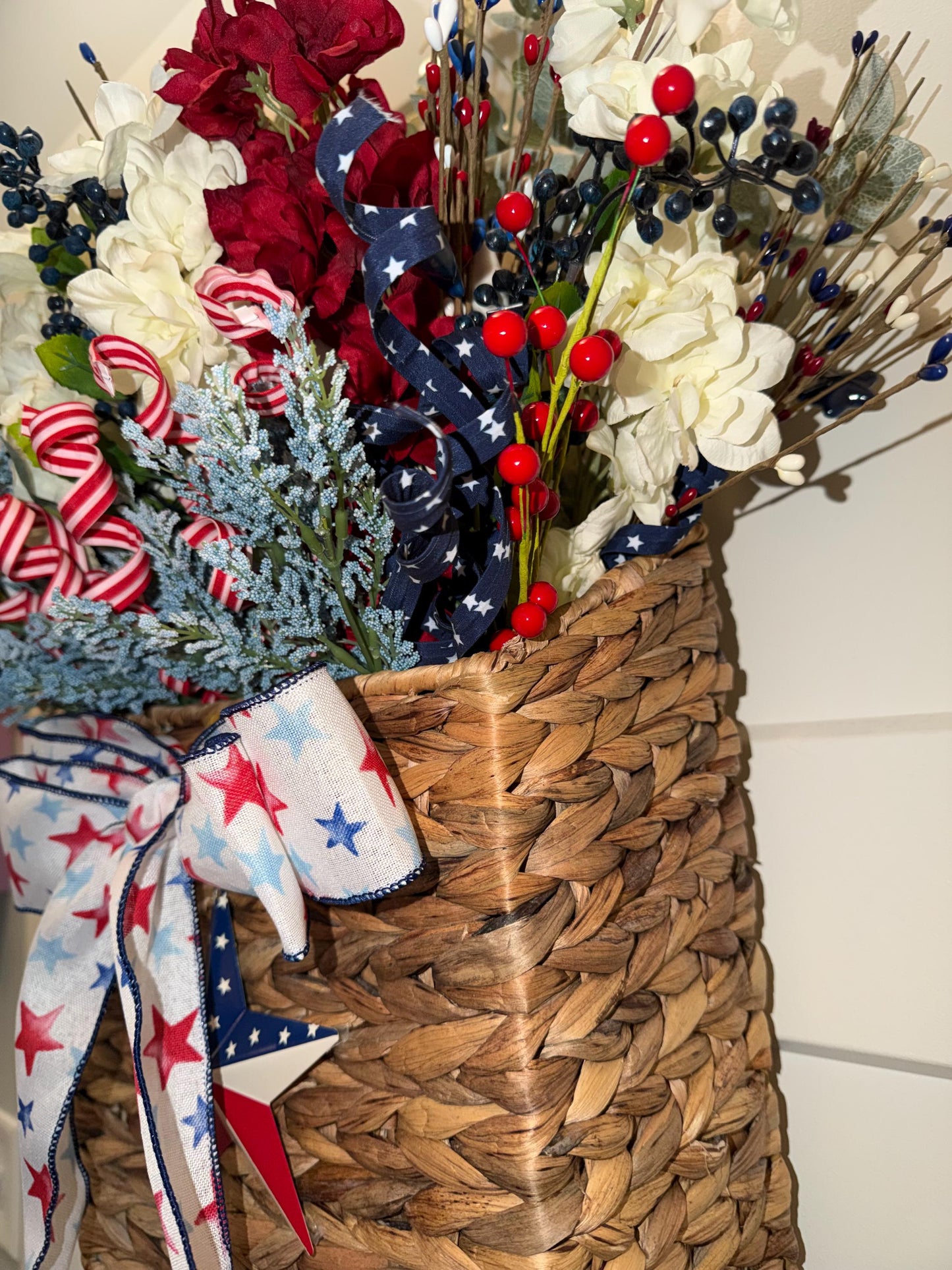 Handmade Patriotic Door Basket Wreath: Red White Blue Silk Floral Arrangement Americana Decor