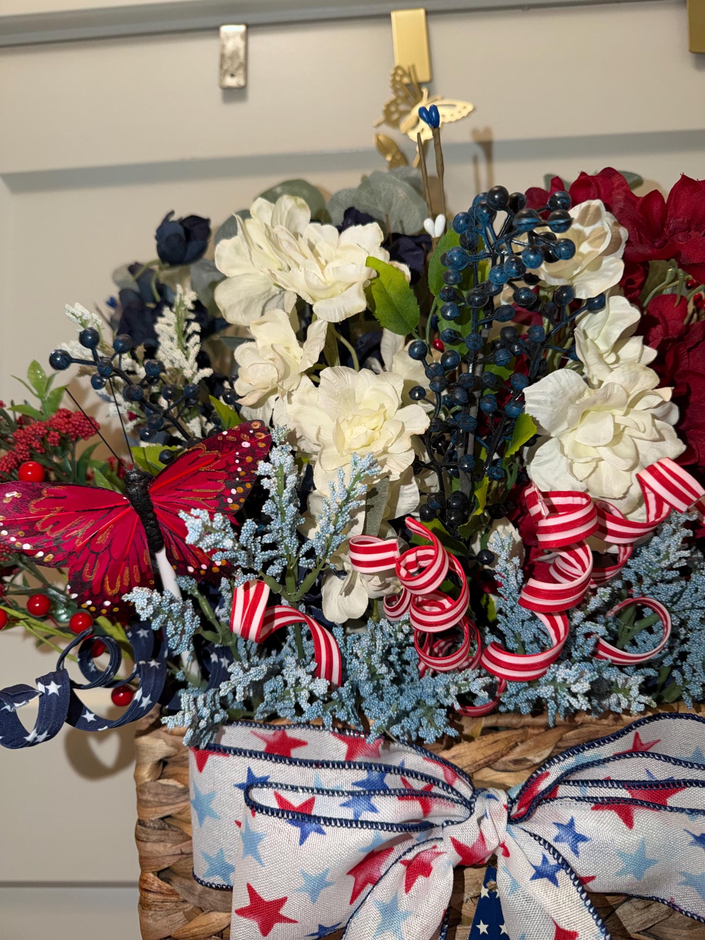 Handmade Patriotic Door Basket Wreath: Red White Blue Silk Floral Arrangement Americana Decor