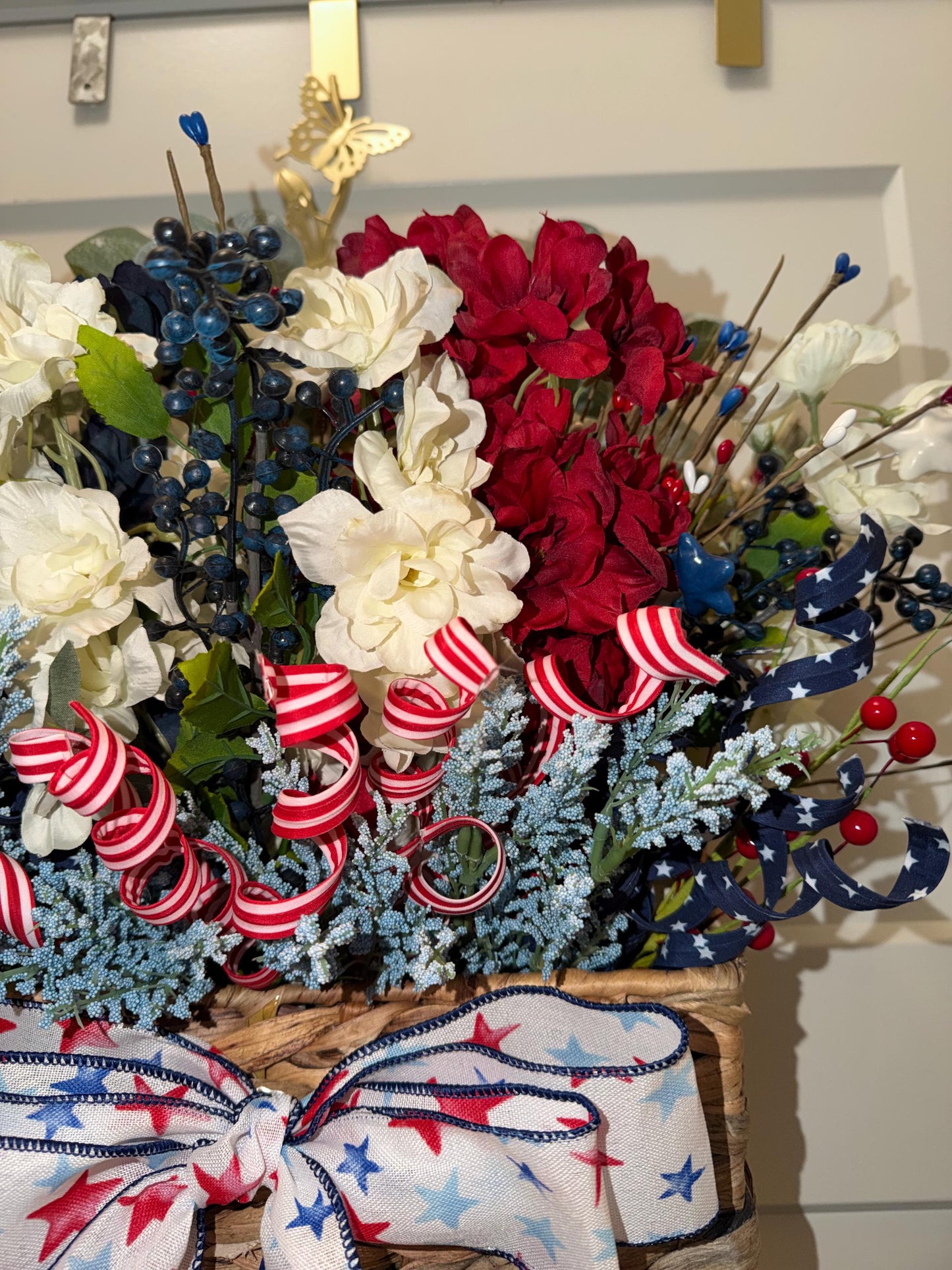 Handmade Patriotic Door Basket Wreath: Red White Blue Silk Floral Arrangement Americana Decor