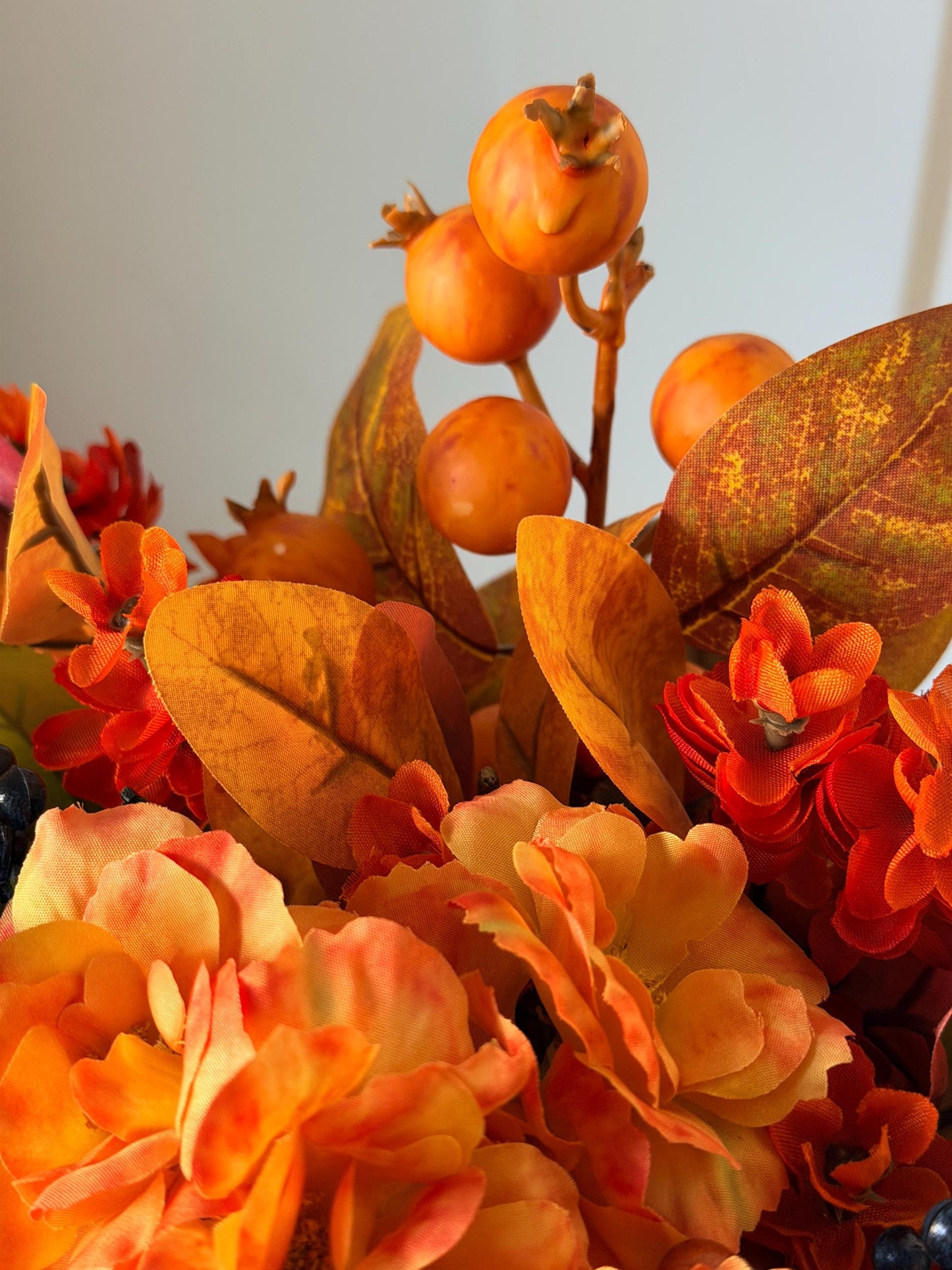 Handmade Fall Floral Arrangement | Burnt Orange, Navy Blue Farmhouse Tin Bucket