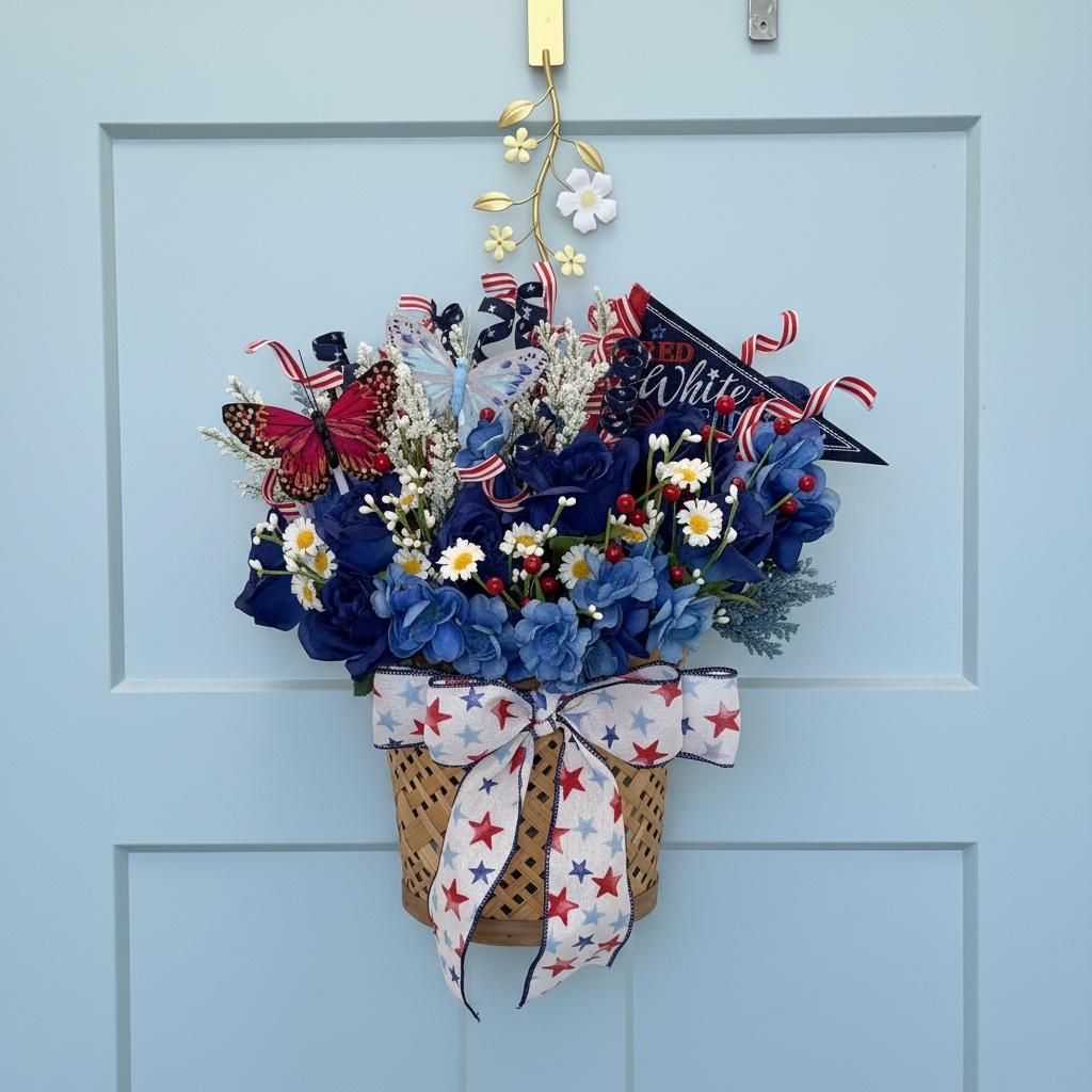 Patriotic Wall Pocket Hanging Basket | Red White & Blue Floral with Butterflies | Americana Door Decor
