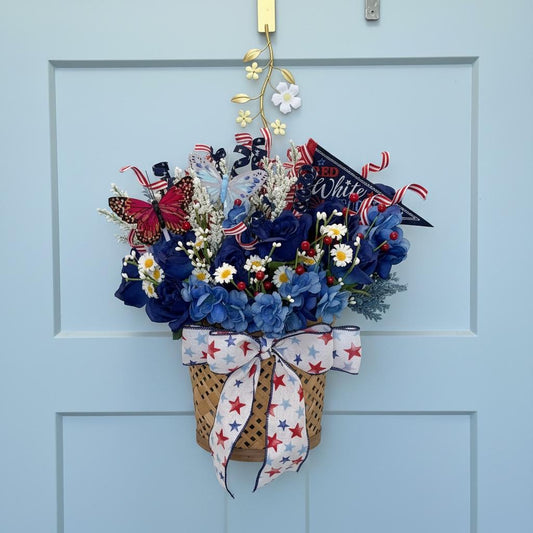 Patriotic Wall Pocket Hanging Basket | Red White & Blue Floral with Butterflies | Americana Door Decor