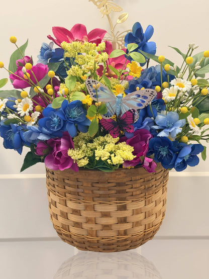 Wildflower Door Basket Arrangement | Blue Magenta Yellow Silk Flowers | Spring Summer Wreath Alternative | Hanging Wall Basket | Handmade