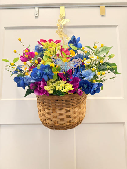 Handmade Wildflower Door Basket Arrangement | Blue, Magenta, Yellow Silk Flowers
