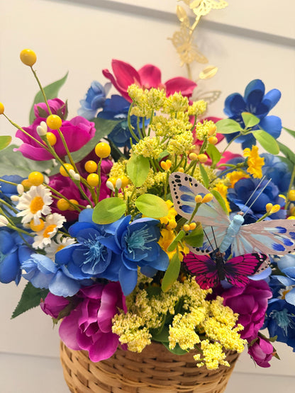 Handmade Wildflower Door Basket Arrangement | Blue, Magenta, Yellow Silk Flowers