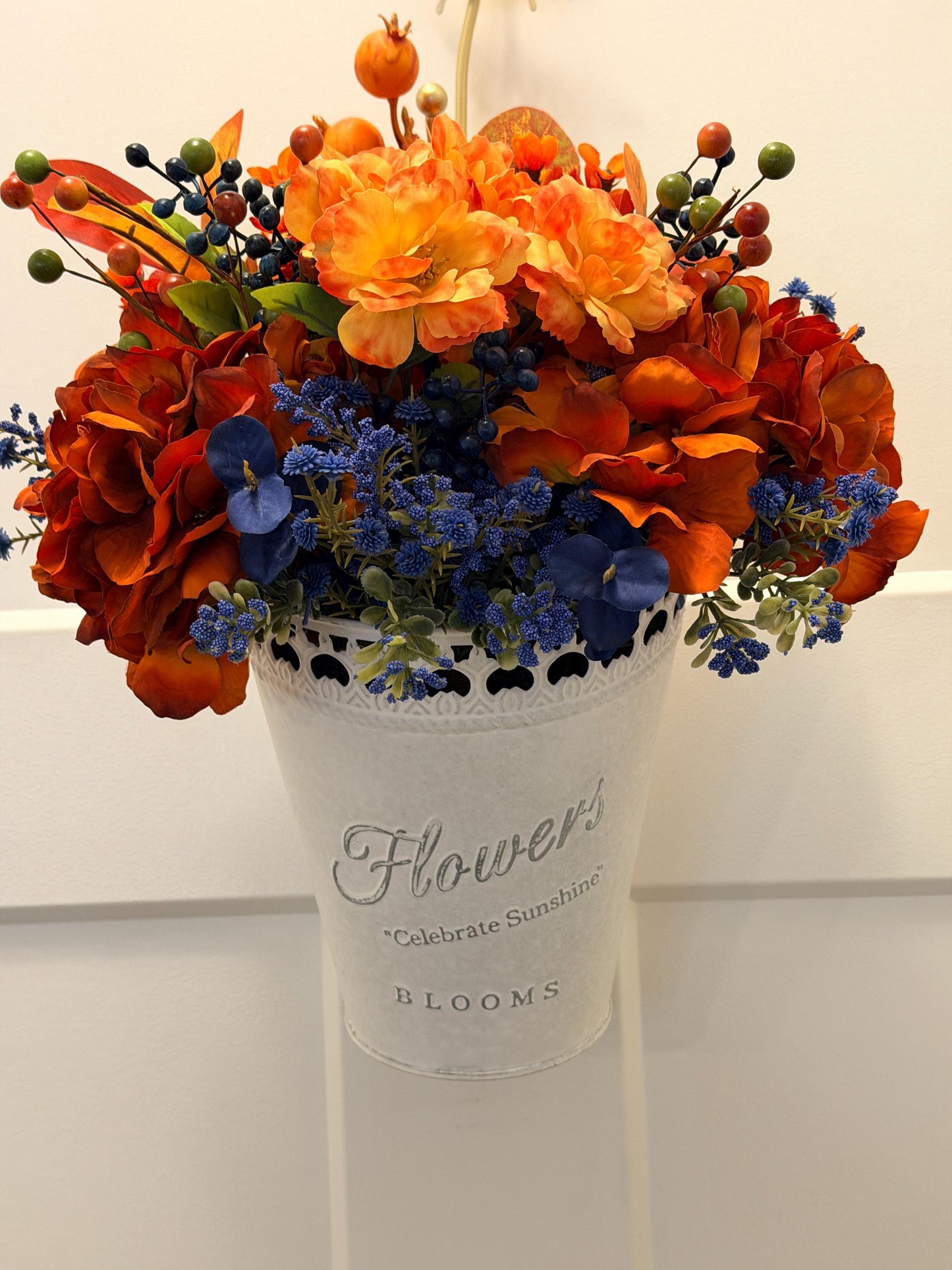 Handmade Fall Floral Arrangement | Burnt Orange, Navy Blue Farmhouse Tin Bucket