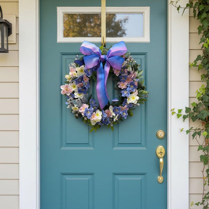 Handmade Spring Floral Wreath | Lavender Blue Pink Butterflies Ombré Bow (20 Inch)
