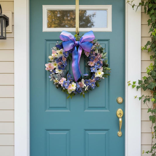 Handmade Spring Floral Wreath | Lavender Blue Pink Butterflies Ombré Bow (20 Inch)