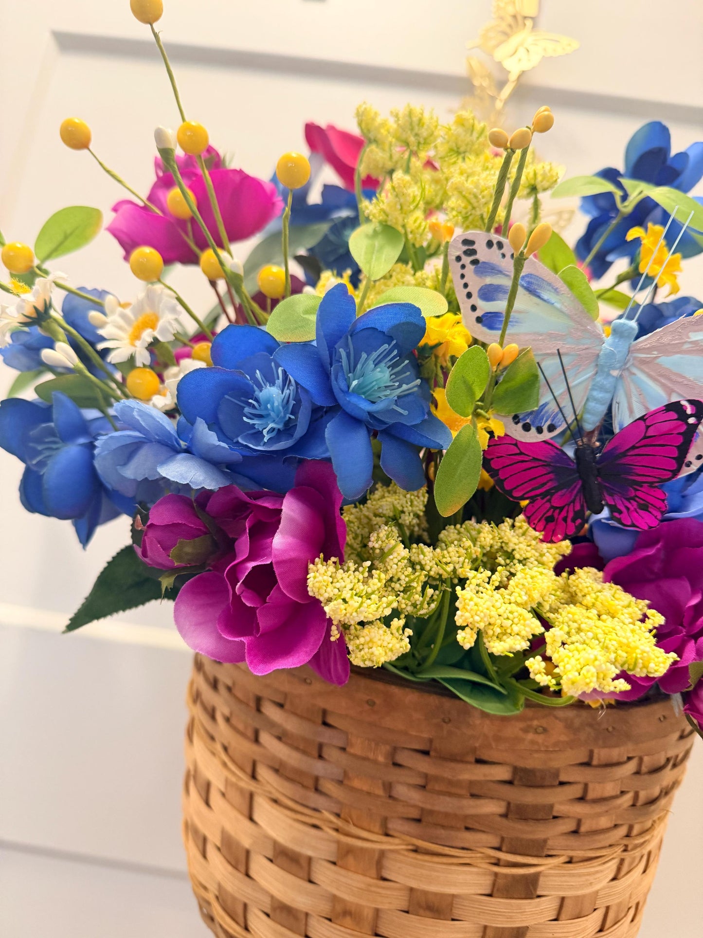 Handmade Wildflower Door Basket Arrangement | Blue, Magenta, Yellow Silk Flowers