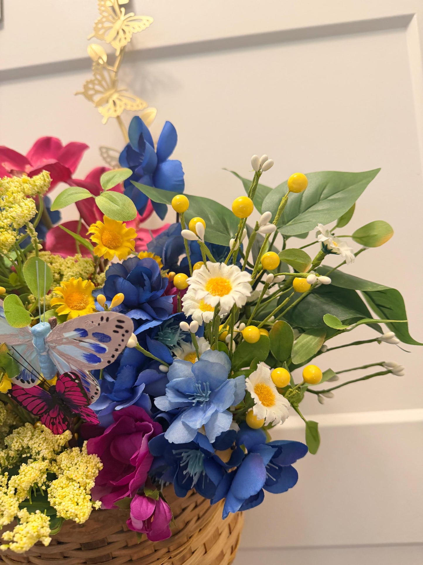 Wildflower Door Basket Arrangement | Blue Magenta Yellow Silk Flowers | Spring Summer Wreath Alternative | Hanging Wall Basket | Handmade