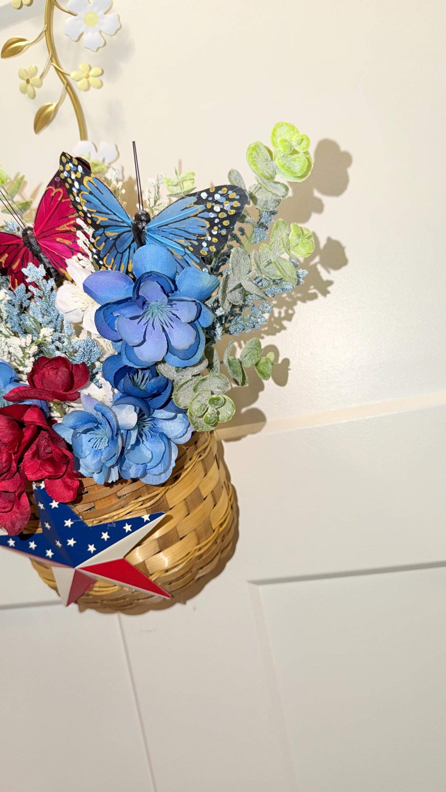 Patriotic Floral Door Decor Arrangement | Red White Blue Butterflies, Barn Star Basket