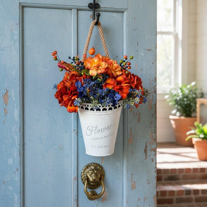 Handmade Fall Floral Arrangement | Burnt Orange, Navy Blue Farmhouse Tin Bucket